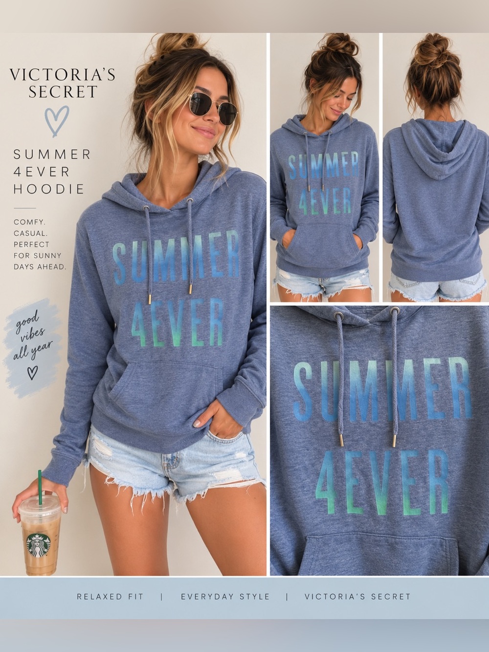 Victoria’s Secret Summer 4Ever Hoodie Women’s XL Blue Graphic Pullover